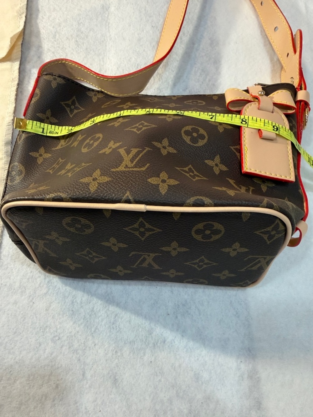 Lv  Brown Monogram Canvas with Red Trim and Beige Tag - Picture 5 of 6